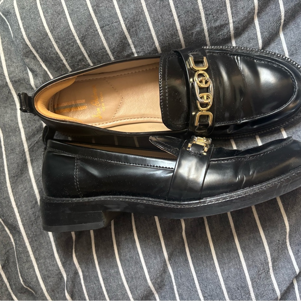 Sam Edelman Black Patent Loafers with Gold Chain Accent